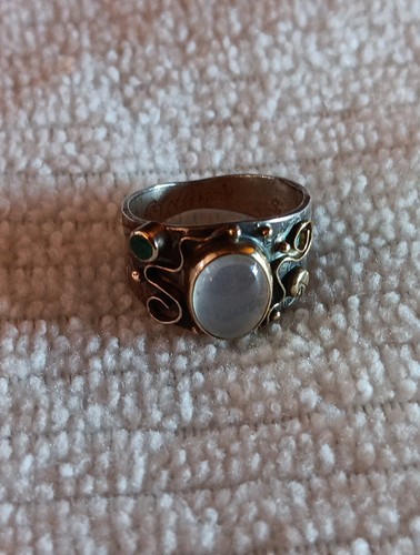 Artisan Sterling & 14k Yellow Gold Moonstone Cabochon Emerald Ring Size 7.5 - Picture 8 of 16
