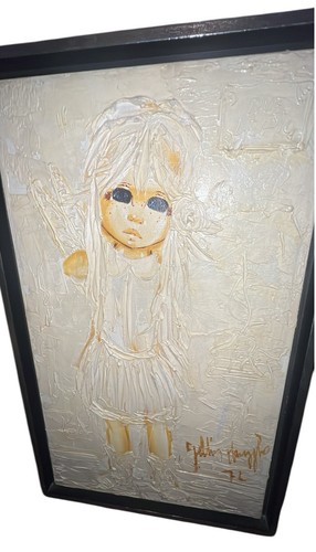 Orig 1970s BIG EYE WAIFS Abstract MCM Impasto Acrylic Painting Signed Framed - Imagen 4 de 21