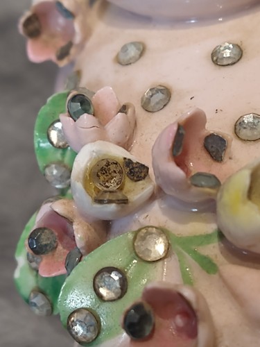 Vintage Lefton Ceramic Jeweled Pink Piggy Bank Applied Flowers Red Rhinestones - Picture 11 of 12