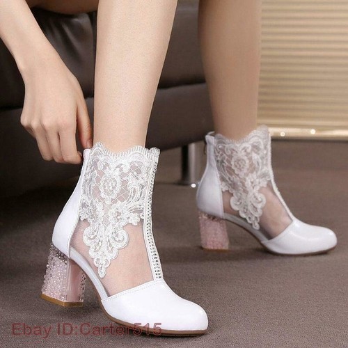 Mujeres Encaje Flor Cuero Botas al tobillo Malla de estrás Zapatos Boda Fiesta Zapatos de salón - Imagen 4 de 15