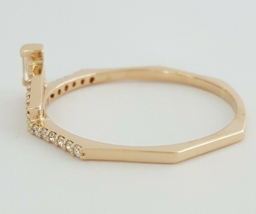 0.2 ct 18K Rose Gold Baguette & Round Cut Diamond Stackable T Ring - Picture 9 of 9