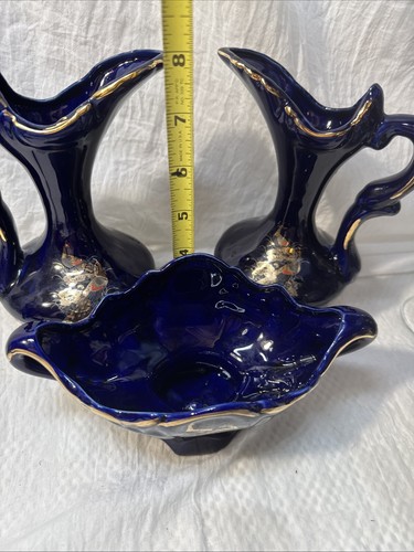 Jarrón jarrón vintage asiático de 3 piezas de cerámica azul cobalto dorado floral decoración - Imagen 19 de 21