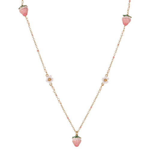 Cadena Collar Flor Fresa Esmalte Rosa Diseño Original - Imagen 4 de 5