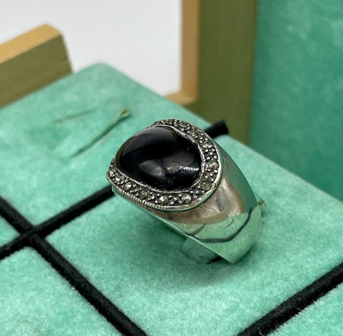 ANELLO DONNA ARGENTO 925 ONICE OVALE NATURALE LISCIO NERO VINTAGE MADE IN ITALY. - Foto 2 di 11