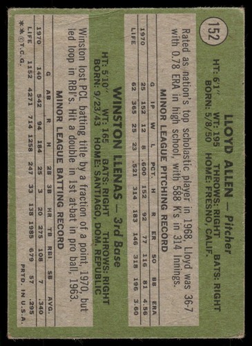 1971 Topps #152 Angels Rookie Stars Allen Winston Llenas - Picture 2 of 2