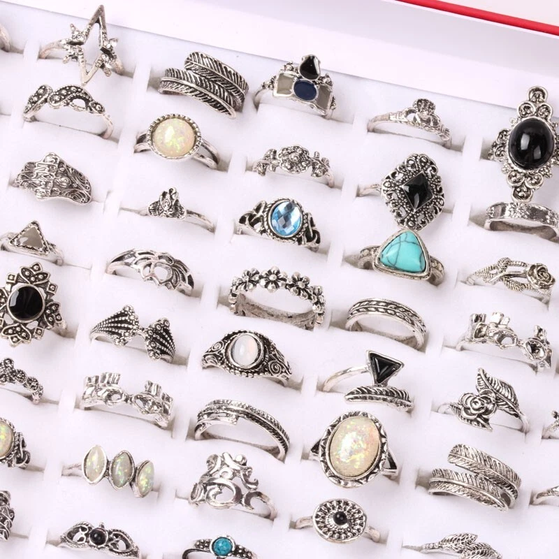 Lote de 100 anillos de dedo de flores vintage de circonita cúbica de oro bohemio plateado para mujer joyas Foto 4 de 4