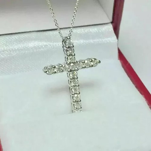 Cross Pendant 2Ct Round Cut Lab Created Diamond Wedding 14K White Gold Plated - Picture 2 of 8