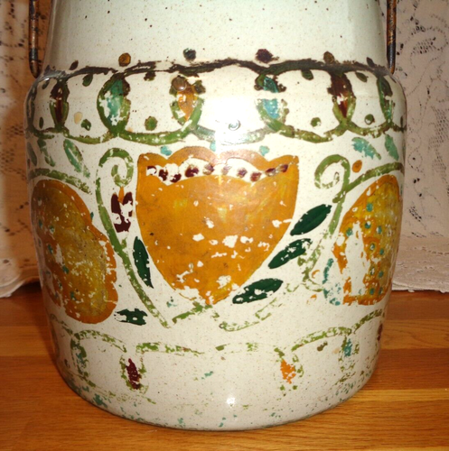 ANTIQUE LARGE STONEWARE CROCK w/ HAND PAINTED DESIGN-CLAMP/HINGED LID #150-82 - Picture 2 of 8