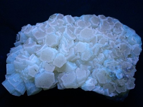 KB: FANTASTIC FL. & PHOS. BLUE/WH SW & PINK LW ARAGONITE XLS. FROM SICILY, ITALY - Picture 5 of 12
