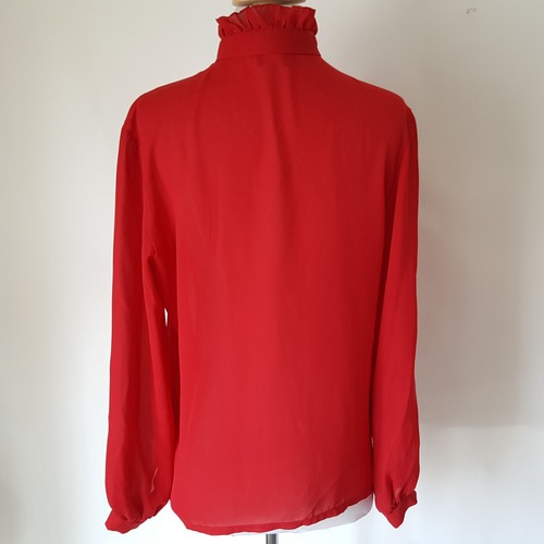 Vintage 80s High Neck Blouse Shirt Size 14 Ruffled Red Sheer Prairie Secretary - Picture 3 of 6