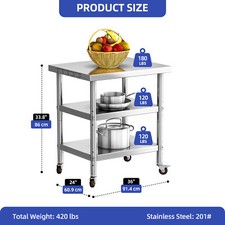 Commercial Work Table Stainless Steel Rolling 3-Tier Shelves Restaurant Kitchen