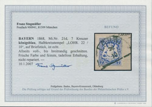 Bayern, Nr 21 d Briefstück "Lohr", FB Stegmüller BPP, Mi 650,- - Photo 1 sur 3