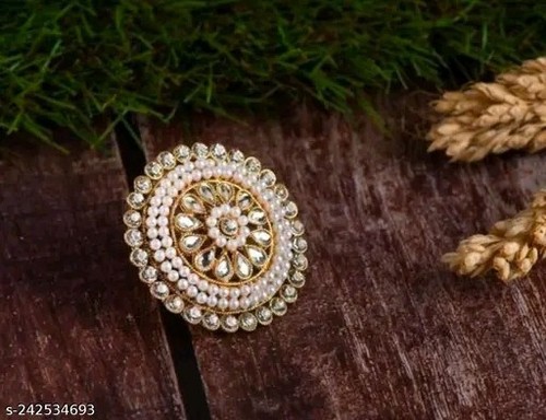 Conjunto de joyas de anillo ajustable Kundan Polki estilo Bollywood indio chapado en oro - Imagen 3 de 4