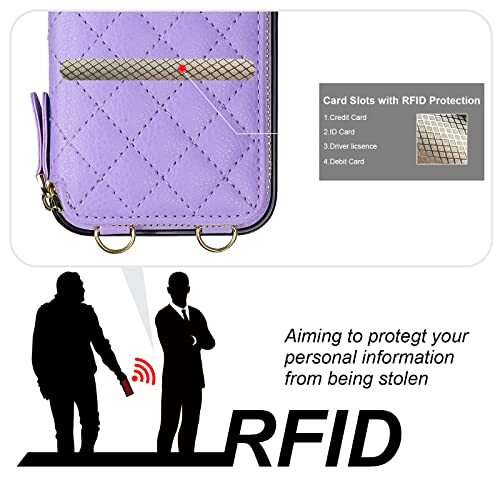 Crossbody Wallet Case for iPhone 13, RFID Blocking PU Leather Zipper Purple - Picture 8 of 8