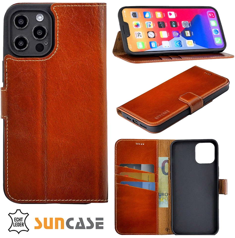 Suncase Leder Tasche Hülle Klapp Case Cover Burned Cognac für iPhone 15 Pro Max