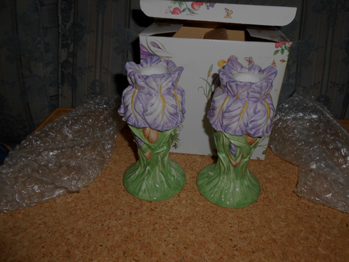 GARDEN BLOOM CANDLE HOLDERS BY STUDIO NOVA KT376/339 IRIS FLOWER DESIGN 6" SET