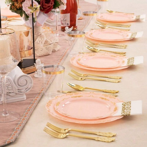 Supernal 210-Pcs Pink Gold Plastic Dinnerware Set - Ideal for Parties,Weddings - Picture 6 of 29