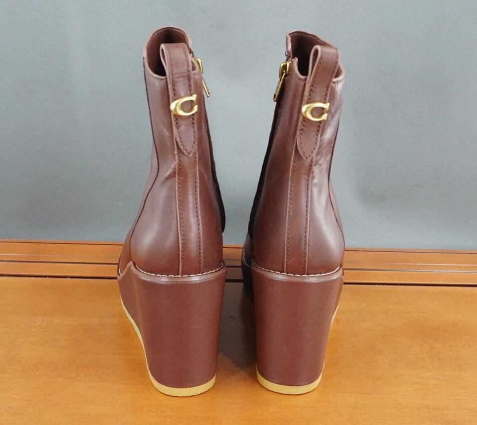 Coach Brady Botín Zapatos Mujer 10 Marrón Cuero Cuña Cremallera Tirar en el Tobillo Botín Foto 4 de 4