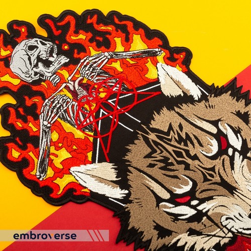 Hell Wolf Large Back Patch - Angry Wild Animal - Fire Skull Emblem - Embroidered - Picture 3 of 10