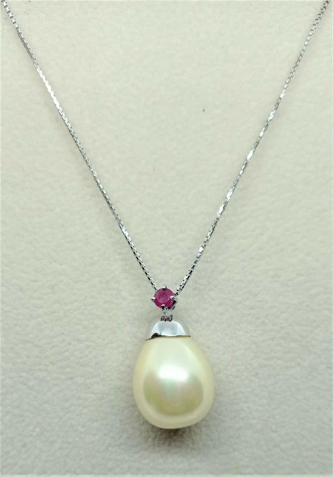 COLLANA ANTICA DONNA ORO BIANCO 18KT 750 PENDENTE PERLA MABÈ RUBINO VERO COLLIER - Immagine 2 di 2