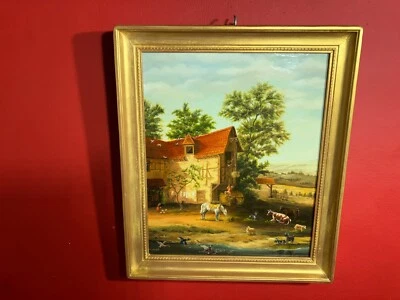 Peinture ancienne signée, paysage rural, ferme, animaux, avec son cadre doré - Photo 1/4