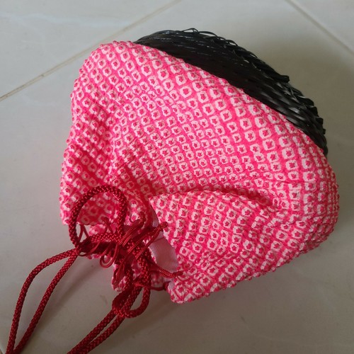 Vintage Japanese Ajiro Rattan Kinchaku Red Drawstring Bag Bamboo Clip + Tracking - Picture 6 of 11