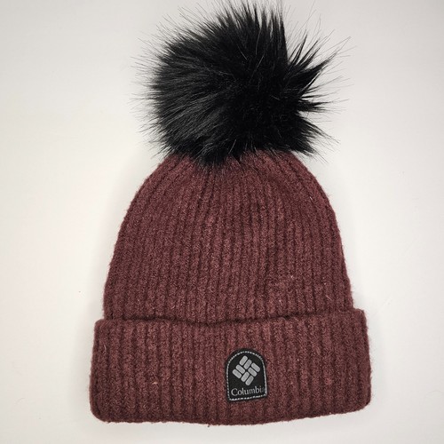 Columbia Purple Beanie Hat Black Fleece Lined OSFM Fluffy Pom Warm Logo Toboggan - Picture 4 of 5