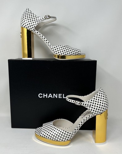 CHANEL White Black Polka Dot Peep Toe Heel Sandals Current Season 24P Size 41 11