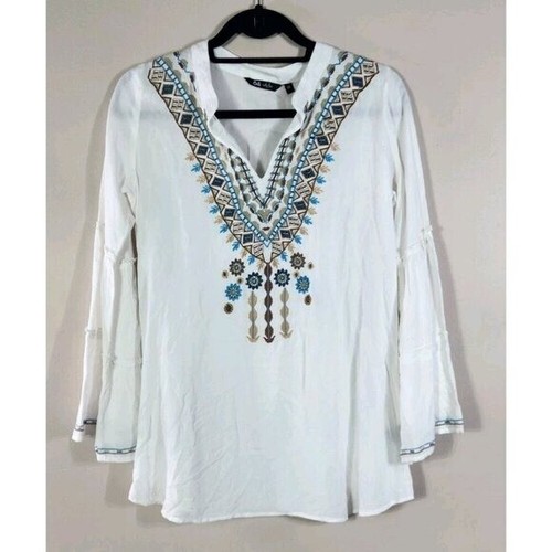 64 Sixty Five White Long Sleeve  Embroided Viscose Top Size Medium