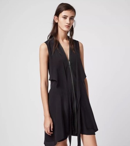 Vestido All Saints JAYDA Negro 100% Seda Frontal Corbata Sin Mangas Pequeño Grunge Ae23 - Imagen 3 de 12