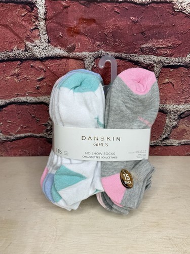Danskin Girls No Show Socks 15 Pair 4-10 Pink White Green Gray Blue