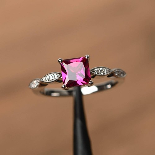 925 Sterling Silver Pink Ruby Lab Created Art Deco Ring US Duty Free - Picture 3 of 5