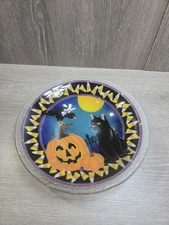 Peggy Karr Halloween Black Cat Pumpkin Crow Signed Fused Glass Bowl 10.5 Inch
