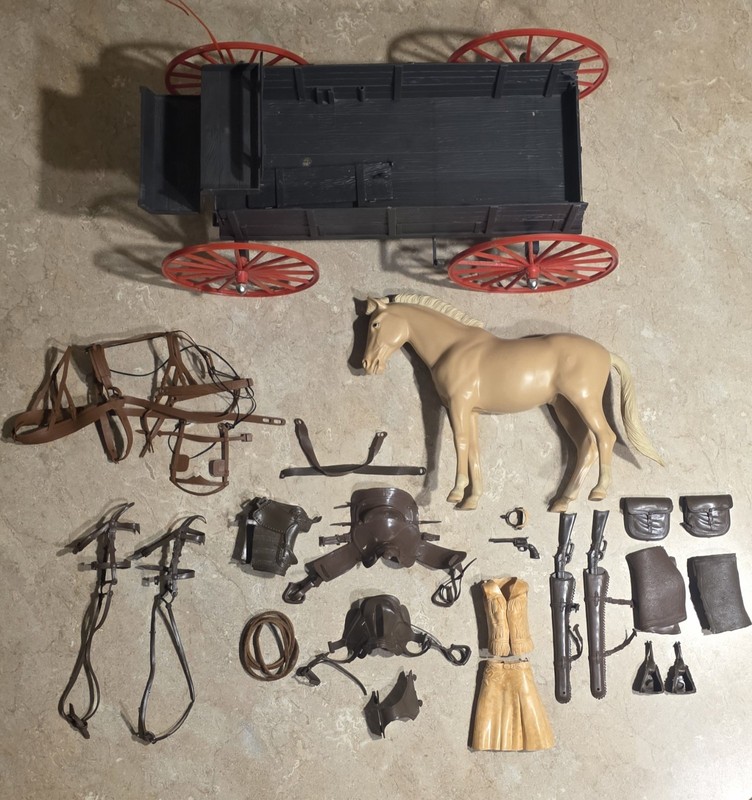 Vtg Marx Johnny West Covered Wagon Buckboard Horse Tack Saddle Scabbard Playset