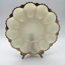 VTG 1950's Anchor Hocking Fire King Milk Glass Deviled Egg Plate 22k Gold Edge