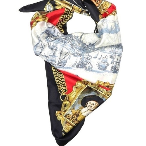 Vintage Polyester Schal handgerollte Kanten maritim Print rot schwarz gold - Bild 5 von 5