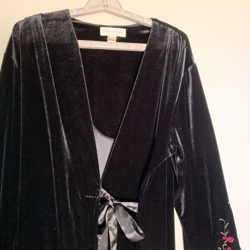 Oscar De La Renta Talla L Rosa Etiqueta Negro Bata Terciopelo Floral Bordado Mangas - Imagen 9 de 10