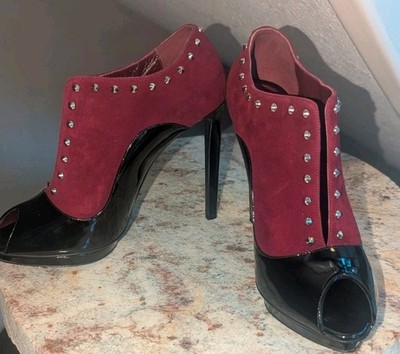Alexander McQueen Burgundy Suede Black Patent Studded Booties 41 11