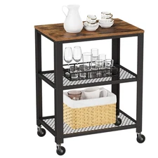 VASAGLE Serving Cart, 3-Tier Bar Cart on Wheels with Storage and Steel Frame,