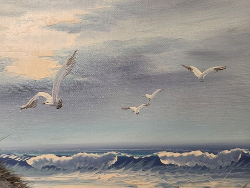 Original Ocean Coast Seascape Beach Landscape Seagull Painting Signed Remington - Picture 5 of 12