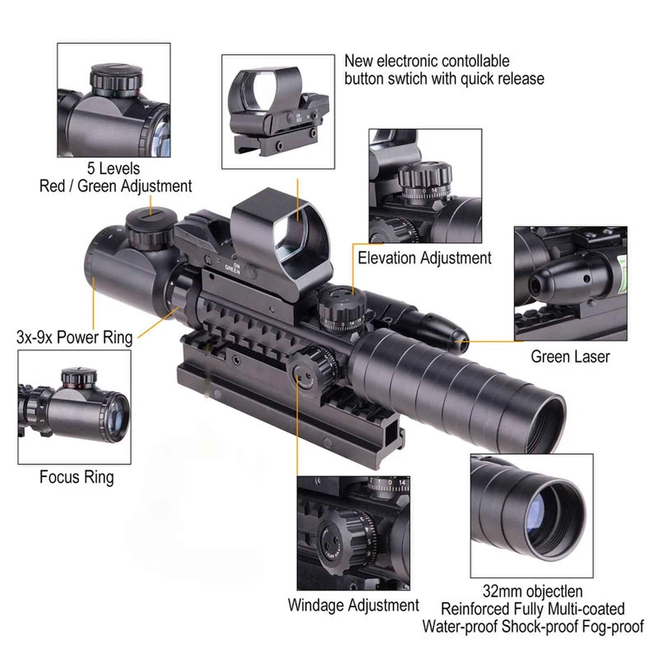 Telêmetro telescópico 3-9X32 com mira de ponto verde vermelho + laser verde/laser vermelho tático - Imagem 3 de 4