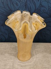 Tan / Sepia Italian MURANO Art Glass Ruffled Vase Made In Venice Hand Blown 12"