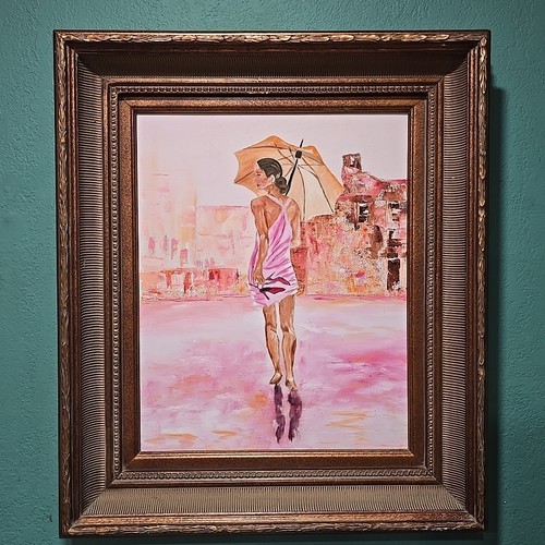 Vintage Original Gemälde Öl oder Acryl O/C Frau mit rotem Schuh unbekannter Künstler