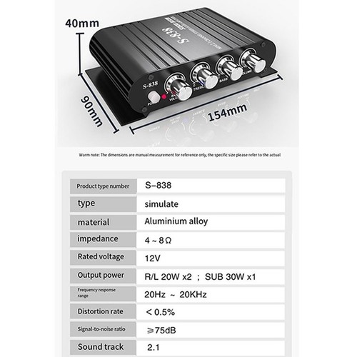 Amplificador de Potencia DC12V 2.1 Canales Mini Estéreo Audio HiFi Bajo Subwoofer Coche Hogar - Imagen 9 de 10