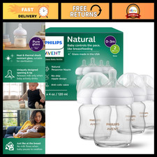 Natural Glass Baby Bottles, Slow Flow, 4 oz, BPA-Free, 4-Pack, Eco-Friendly Feed