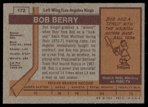 1973 Topps Bob Berry #172 Los Angeles Kings - Bild 2 von 2
