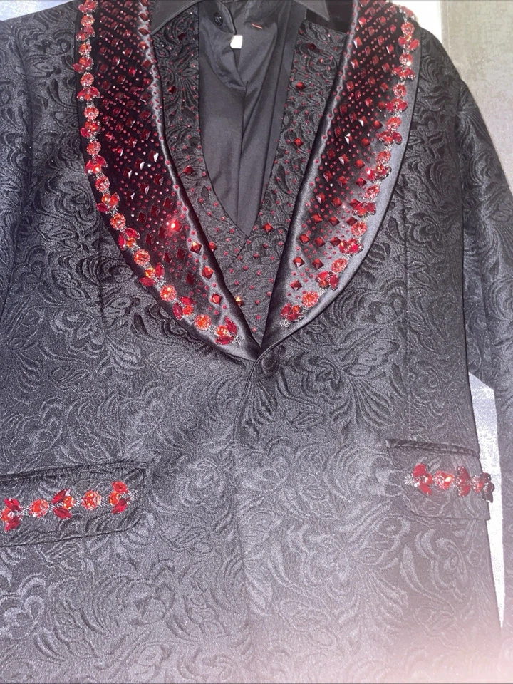 Manzini Men's Slim Fit Floral Pattern Rhine Stone Black Royal Tuxedo With Shoes - Image 2 of 4