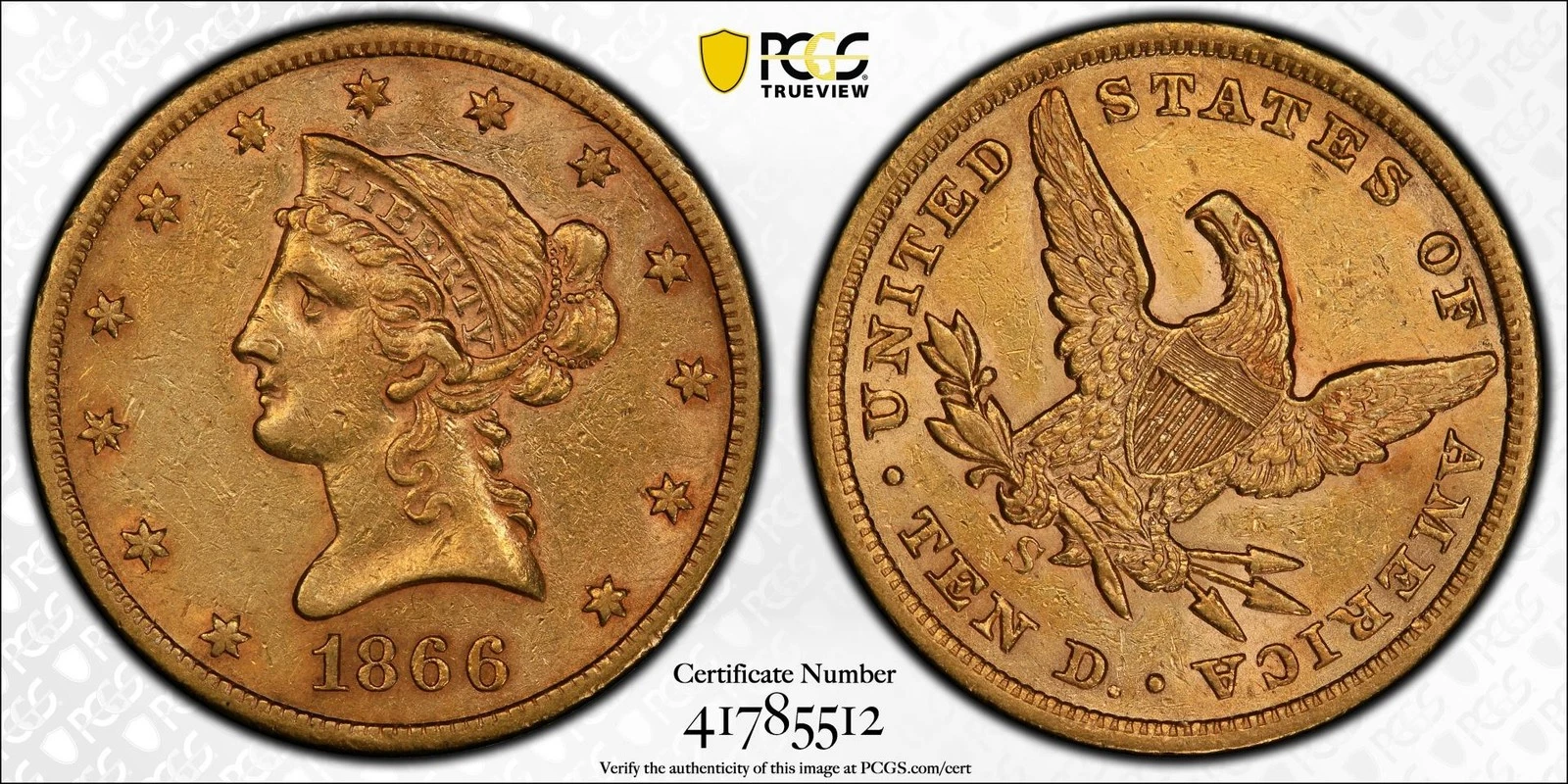 1866-S $10 No Motto Liberty Head Eagle PCGS AU53