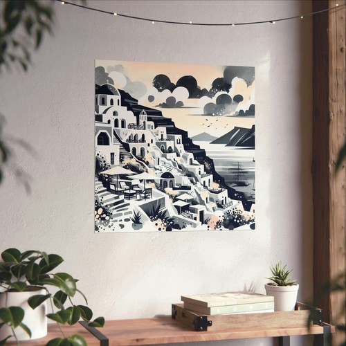 Matte Square Poster Wall Art Deco Santorini Greece Seascape Watercolor Print Wow - Picture 49 of 50