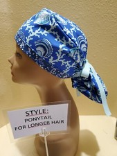 Sea Shells Blue Women's Ponytail Surgical Scrub Hat/Cap Handmade